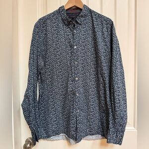 Ted Baker Dark Blue Leaf Pattern Long Sleeve 100% Cotton Button Up Shirt. Size 7